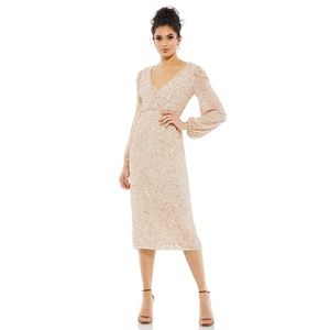 SEQUINED ILLUSION PUFF SLEEVE V NECK MIDI DRESS size 6 Mac Duggal new